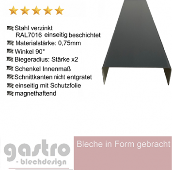U-Profil aus verzinktem Stahl in RAL7016 anthrazitgrau, glatt lackiert mit Schutzfolie – Vorderansicht.